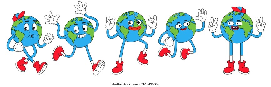 Earth characters in trendy retro cartoon style. Funny globe with smiley face. Set of comic vector illustration isolated on white background. Earth day or save green planet concept.