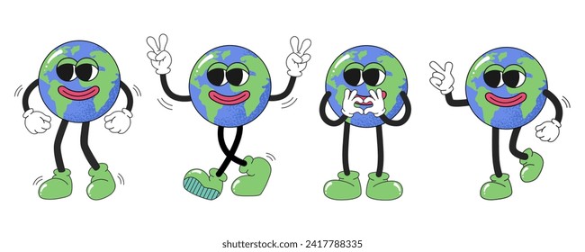 Earth characters in trendy retro cartoon style. Set of globe characters in groovy retro style. Funny vector mascot of planet Earth. Vector illustration isolated on white background.
