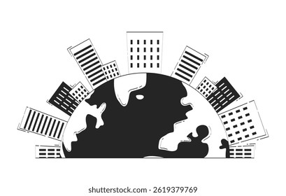 Earth with city skyline half globe doodle linear object. Urbanization, international business. Planet worldwide 2D vector outline clip art drawing isolated on white. Hand drawn sketch illustration