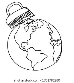 The earth is cleaned of debris with a brush. Global cleansing of the planet. All continents are clogged. Vector illustration of a single line