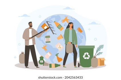 Limpieza de la tierra del concepto de basura. Hombre y mujer tiran botellas y desechos domésticos a un contenedor para su reciclaje. Cuidar del medio ambiente. Dibujo vectorial plano de dibujos animados aislado en fondo blanco