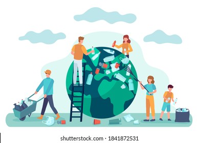 Earth cleaning. People clean world from garbage. Save planet ecology concept. Environmental protection from pollution vector illustration. Save planet and world, people clean environment earth