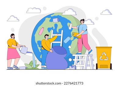 Earth cleaning, save planet, ecology, environmental protection from pollution concept. People clean world from garbage. Outline design style minimal vector illustration for landing page, hero images.