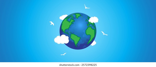 earth with clouds and birds flying around for earth day, protect earth, nature care banner background template