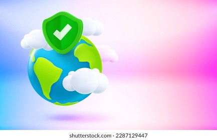 La tierra con escudo de armas. Concepto de seguridad mundial. Banner vectorial 3d con espacio de copia