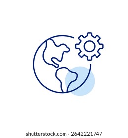 Earth and cogwheel. Global settings, environmental management, worldwide system configuration, international operations, sustainable technology, earth system optimization. Pixel perfect, editable stro