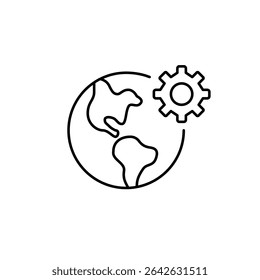 Earth and cogwheel. Global settings, environmental management, worldwide system configuration, international operations, sustainable technology, earth system optimization. Pixel perfect, editable stro