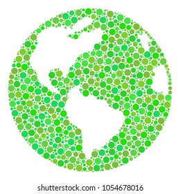 Earth collage of circle elements in variable sizes and ecological green color tinges. Vector filled circles are grouped into earth mosaic. Ecological design concept.