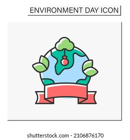 Earth color icon. Reforestation day banner. Forests regrowing. Eco awareness. Environment day concept. Isolated vector illustration