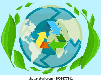 Earth with colorful recycling symbol. Caring for nature and preserving planet concept. Land with continents and World ocean. Waste recycling and environmental care. World globe vector illustration