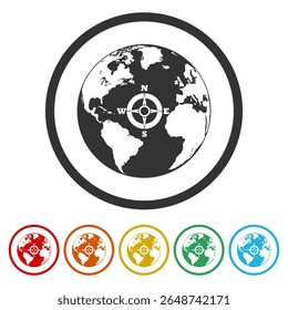 Earth compass icon. Set icons in color circle buttons