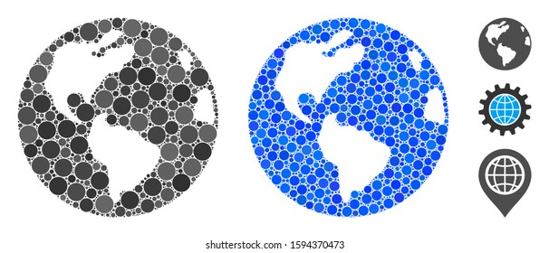Earth composition of small circles in different sizes and color hues, based on Earth icon. Vector small circles are combined into blue composition. Dotted Earth icon in usual and blue versions.