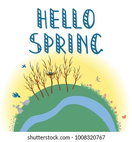 Earth Concept flat vector illustration with seasonal symbols, Hello Spring handwritting phrase on a white background