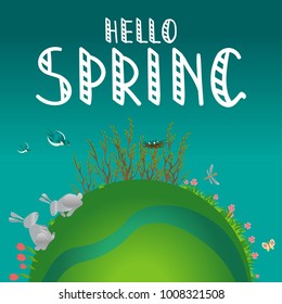Earth Concept vector illustration with seasonal symbols, Hello Spring handwritting phrase