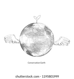 Earth conservation hand write drawing doodle cartoon 3d vector illustration,Earth with a wings and the plant grass on the top. 