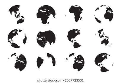 Earth continents silhouette. Earth globe icons isolated on white background. earth hemispheres with continents. World map set. Set of round globes. Flat Earth Planet icon. Vector illustration