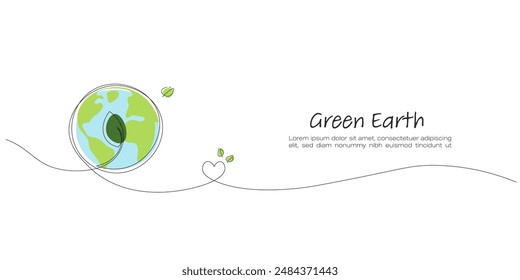 Earth. Continuous line art drawing. Green leaf on the earth. Ecology and Environment concept.  Line art vector illustration.
