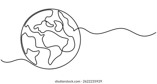 Dibujo continuo de una línea de la Tierra, Dibujo continuo de línea del planeta Tierra. Mapa del mundo con línea de curva. Símbolo de globo lineal. Ilustración vectorial aislada en, Vector continuo de una línea dibujando tierra.