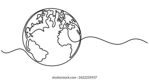 Desenho contínuo de uma linha da Terra, desenho contínuo de uma linha do Planeta Terra. Mapa de mundo com linha curva. Símbolo de globo linear. Ilustração de vetor isolada em, Vetor contínua uma linha desenhando terra.