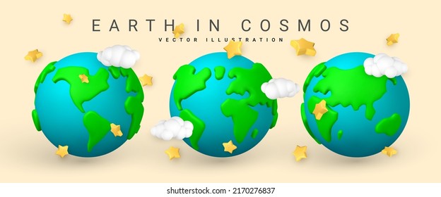 Earth in cosmos. Set of Cartoon 3d planet Earth with cloud and star in minimal style. Vector illustration.