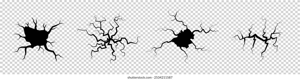 Earth cracks, top view.  Holes, breaks on the surface of the earth. Destroyed, cracked texture isolated on transparent background.  Vector.
