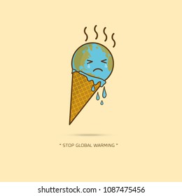 Earth Cream Cone Save The Planet Poster Concept. Stop global warming. cartoon character of Planet earth  on yellow background vector illustration.