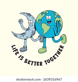 earth and crescent moon retro cute illustration