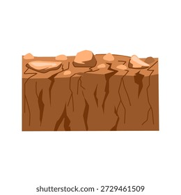 Earth cross section showing layered soil, topsoil with rocks and cracked parched surface illustrating drought, erosion, arid terrain, bedrock and environmental degradation concepts