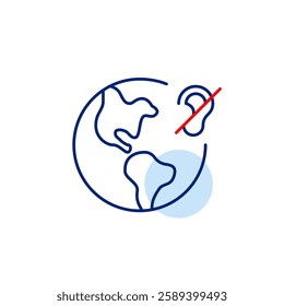 Earth and crossed out ear symbol. Silent mode, world international news coverage offline. Hearing-impaired friendly services. Pixel perfect, editable stroke vector icon