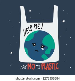 Earth crying in plastic bag cartoon, say no to plastic concept vector illustration 