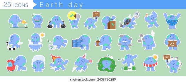 Earth cute cartoon characters sticker design, Environment friendly or recycling concept illustration for poster, banner, graphic print. Vector illustration.