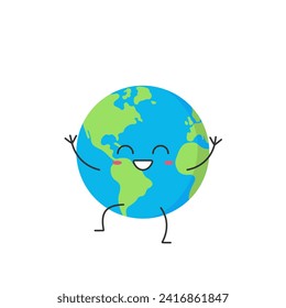 Earth cute character cartoon planet smiling face happy joy emotions vector illustration.