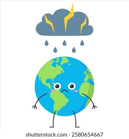 Earth cute character cartoon planet sad face emotion thunderstorm rain vector illustration.