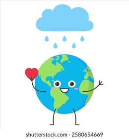 Earth cute character cartoon planet like rain heart funny happy smile vector illustration.vector illustration.