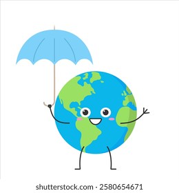 Earth cute character cartoon planet umbrella funny happy smile face emotion rain vector illustration.