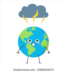 Earth cute character cartoon planet fear fright face emotion thunderstorm rain vector illustration.