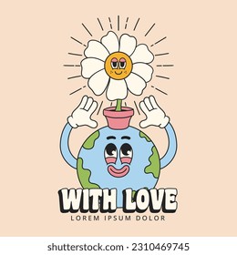earth and daisy flower retro groovy cartoon character illustration