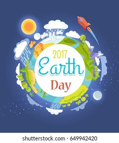 Earth Day 2017 promotional poster with planet, bright sun and blue moon from space view and rocket that flies by vector illustration.