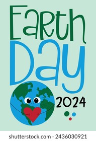 Earth Day 2024 - Cute Earth planet with heart. Good for poster, banner, card. 