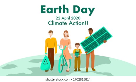 Earth day 22 April 2020 : Climate action theme. Using solar cell, recycling trash, growing tree, use bicycle to help fight climate change concept, vector illustration, flat design