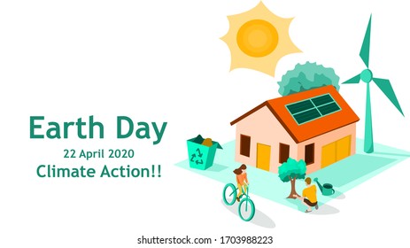 Earth day 22 April 2020 : Climate action theme. Using solar cell, recycling trash, growing tree, wind energy,  use bicycle to help fight climate change concept, vector illustration, flat design