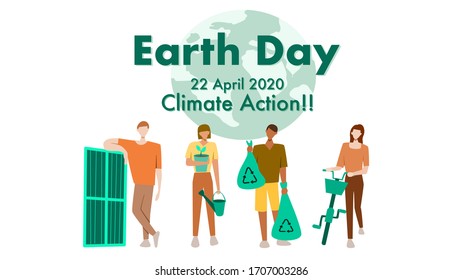 Earth Day 22 April 2020 : Climate Action Theme. Using Solar Cell, Recycling Trash, Growing Tree, Use Bicycle To Help Fight Climate Change Concept, Vector Illustration, Flat Design