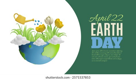 Earth day, 22 April 3D cartoon banner vector design. Planet Earth with green grass and flowers are watered from a watering can. Ecology, nature and environment conservation concept. Save green planet