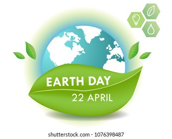 Earth day, 22 April, earth covered with green leaf and icons. Live with nature save the world concept. Flat design vector graphic.