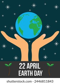 Earth Day 22 of April Hands Holding Planet Flat Style. Planet protection and solar system concept vector