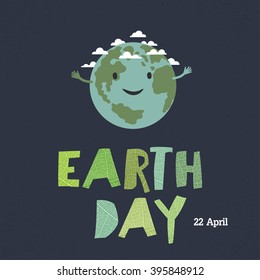 Earth day, 22 April. "Save our home". Cartoon Earth illustration. Ecology concept. Leaf cut letters.