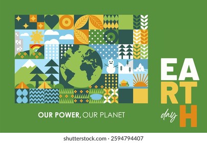 Earth Day 22nd April 2025 concept design. Modern geometrical style with green renewable energy illustration. 2025 Earth Day theme : Our Power, Our Planet