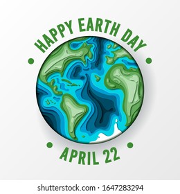 Earth Day. 3D paper cut style vector Illustration. Eco friendly ecology concept. Earth day papercut concept. Background for world environment day. Go green. Save the earth and mother nature. Green day