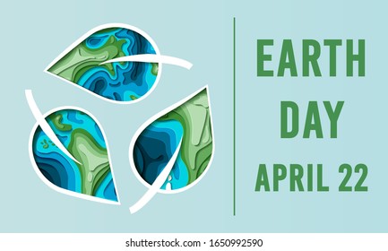 Earth Day. 3D paper cut style vector Illustration. Eco friendly ecology concept. Earth day papercut concept. Background for world environment day. Go green. Save the earth and mother nature. Green day