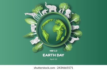 Earth Day, animals with trees and the earth , save the planet and energy concept, paper illustration, and 3d paper.